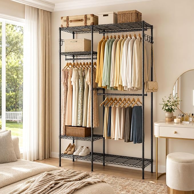 Heavy Duty Clothes Rack, Portable Clothing Garment Rack for Hanging Clothes, Adjustable Storage Closet with Wire Shelves and Hanging Rods, Freestanding Closet Organizer, Max Load 700Lbs, Black