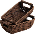StorageWorks Handwoven Small Wicker Baskets, Round Paper Rope Storage Baskets with Wooden Handles, Dark Brown, 2-Pack