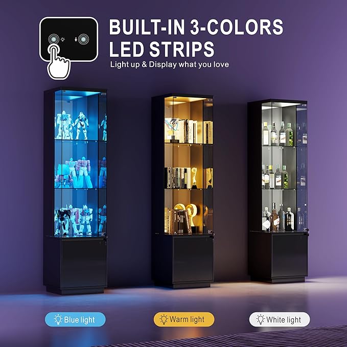 Lvifur Lockable Curio Display Cabinet with Glass Door,65" Lighted Curio Cabinet with 3 Color Lights for Collectibles,3-Tier Glass Display Case with Human Body Sensor for Living Room,Black