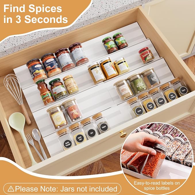 8-Pack Spice Rack for Drawer, Adjustable Seasoning Rack Tray, Expandable from 13" to 26", 2mm Acrylic, White, Kitchen Organizer and Storage (Jars Not Included)