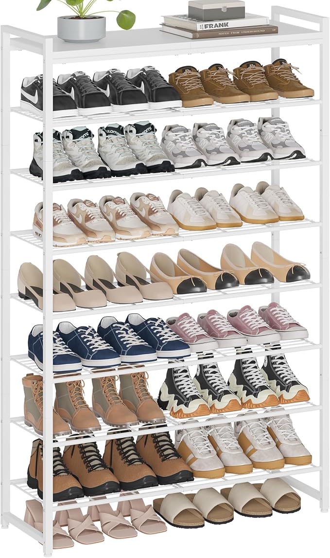 8 Tier Shoe Rack Organizer for 32-40 Pairs, Tall Metal Shoe Storage Shelf with Wood Top, Adjustable Boot Space, Narrow Design for Entryway Closet,White