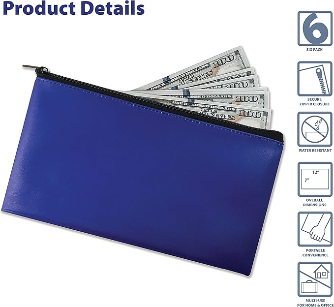 Better Office Products 6 Pack, Zippered Security Bank Deposit Bag, Leatherette, Cash Bag, Coin Bag, Utility Pouch, Blue, 6 Bags