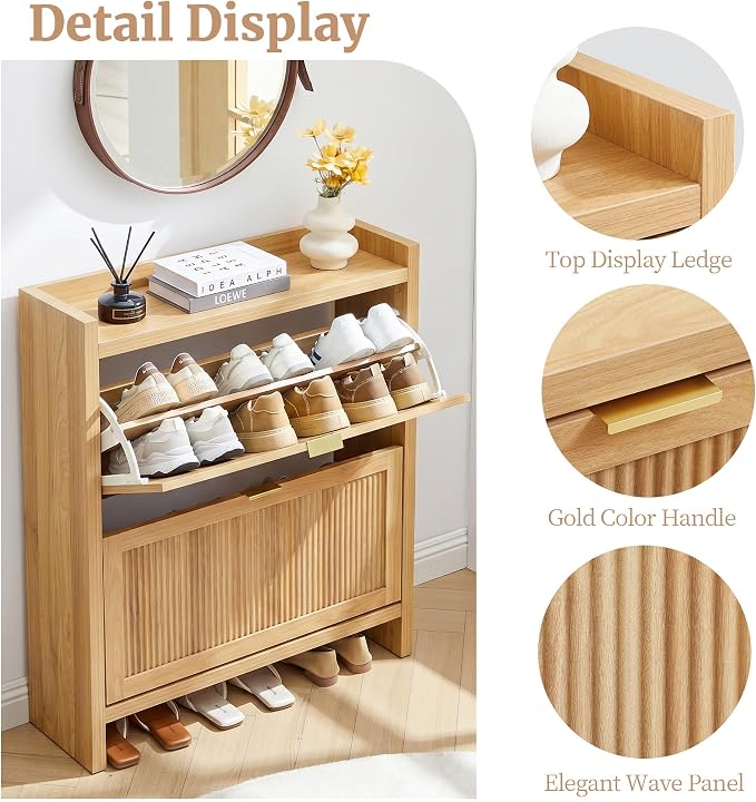 Fluted Shoe Storage Cabinet for Entryway, Farmhouse Narrow Shoe Organizer for Entryway with 2 Flip Drawers, Shoe Dresser for Hallway, Living Room (Natural)