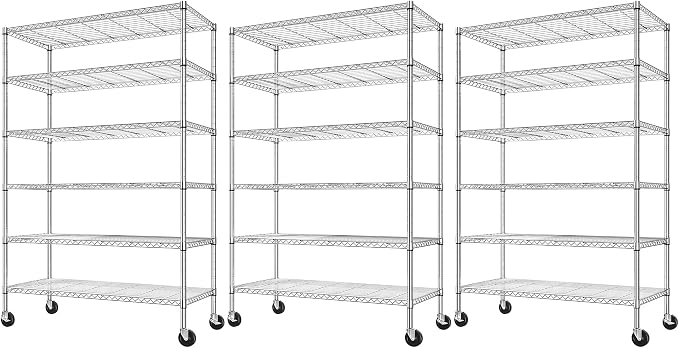 Romorgniz 82" H X45 W X18 D Storage Shelves with Wheels, 6 Tier Wire Shelving Adjustable Metal Shelving Pantry Shelves Capacity 1200LBS for Garage Shelving, Pantry, Kitchen, Commercial, Chrome,3P
