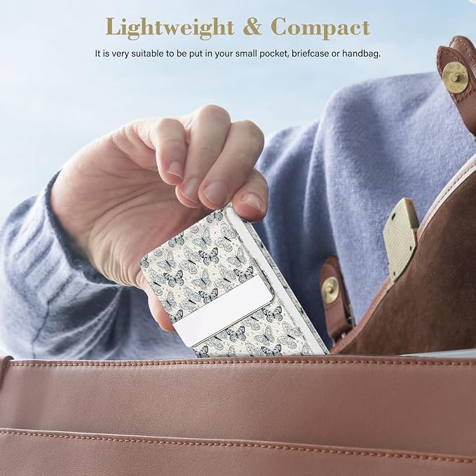 2Pack Leather Stainless Steel Business Card Holder, Metal Slim Business Card Case for Women or Men, Pocket Business Card Carrier with Prints, Magnetic Closure, RFID Blocking