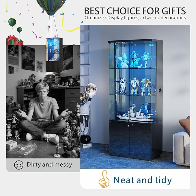 Lvifur 71” Glass Display Cabinet with Lights, Modern Curio Cabinet Display Cases for Collectibles, Locking Cabinet with Shelves & Drawers, Tall Bookcase with Human Body Sensor for Living Room (Black)
