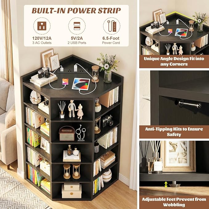 Aheaplus Corner Cube Book Shelf, 6-Tier Corner Cabinet with Power Outlets, Corner Cube Storage Shelf with Top Table, Wooden L Shaped Cubby Bookcase for Home Office, Bedroom, Living Room, Black