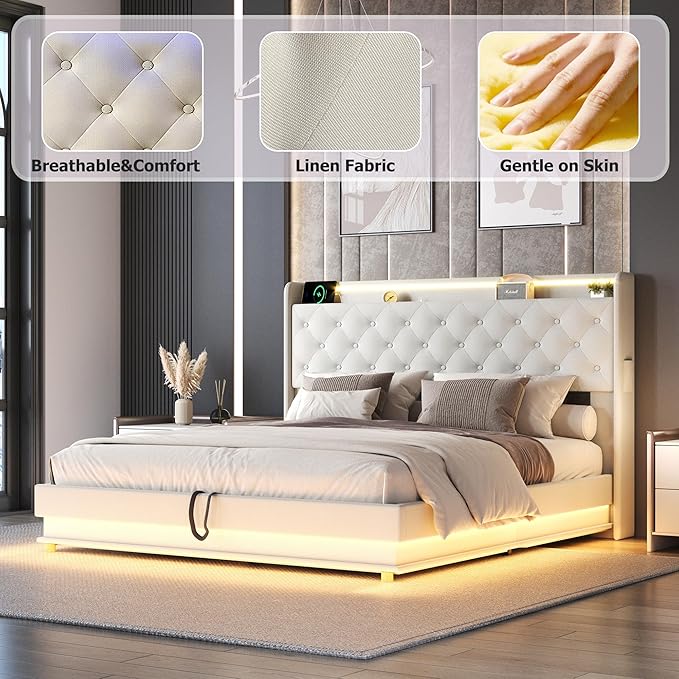 Ailisite Queen Size Lift Up Storage Bed, Upholstered Platform Bed with Button Tufted Wingback Storage Headboard, Bed Frame Queen Size with Led Lights and Charging Station, No Box Spring Needed, Beige | Lift up Storage, breathable material, with led lig...
