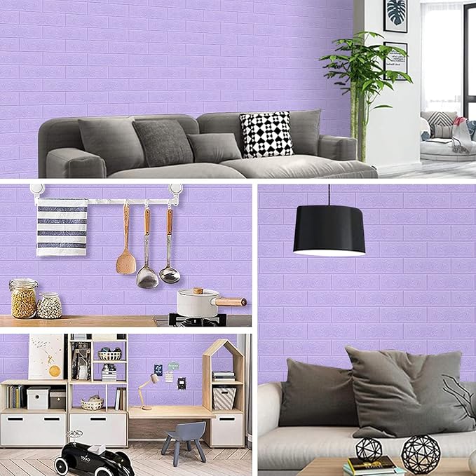 3D Wall Panels, 14.5 sq.feet Coverage, Printable Wallpaper Sticker with Self-Adhesive Waterproof Brick PE Foam Wall Panels Peel and Stick for Interior Wall Decor, Home Decoration 10 PCS Purple