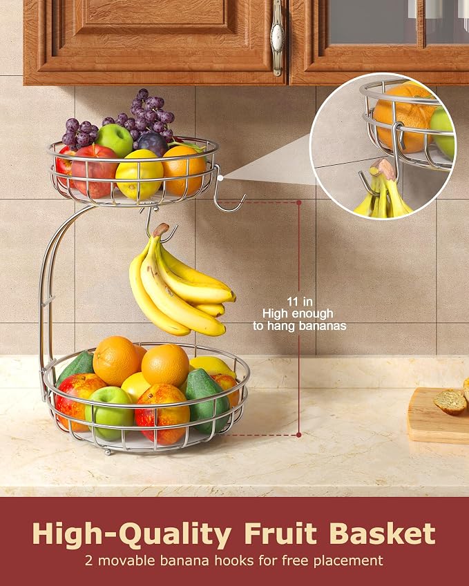 Sevenblue 2 Tier Modern Fruit Basket for Kitchen Counter, Silvery | Space-Saving Vertical Storage for Veggies, Bread, Snacks, Fits Under Cabinets, includes 2 banana hooks and protective mats