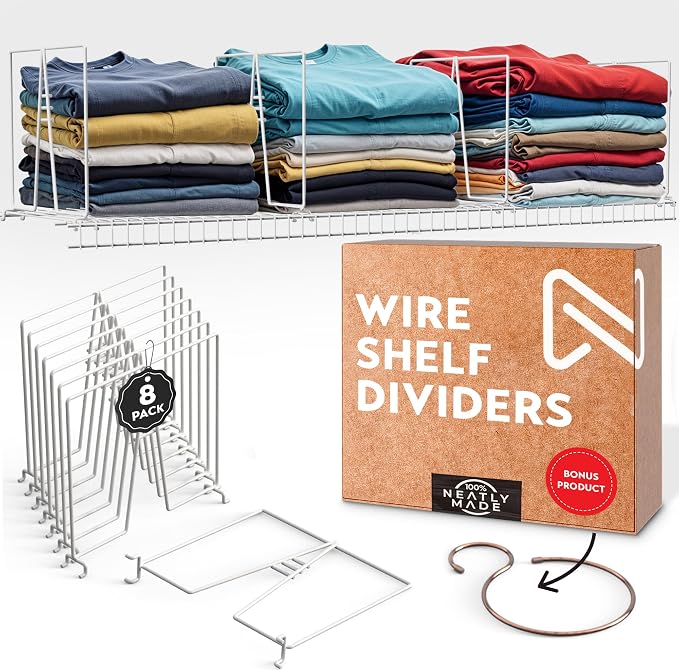 Tall White Wire Shelf Dividers for Closet Organization – Sturdy and Easy Set-Up Closet Shelf Dividers with Bonus Rose Gold Hanger (4, 16" Tall x 12" Wide)