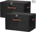 2 Pack Storage Bins with Zipper Lid Cotton Linen Fabric Lidded Storage Baskets Boxes Foldable Washable Closet Shelf Clothes Organizer Container with PU Leather Handles (Black, Jumbo Size)