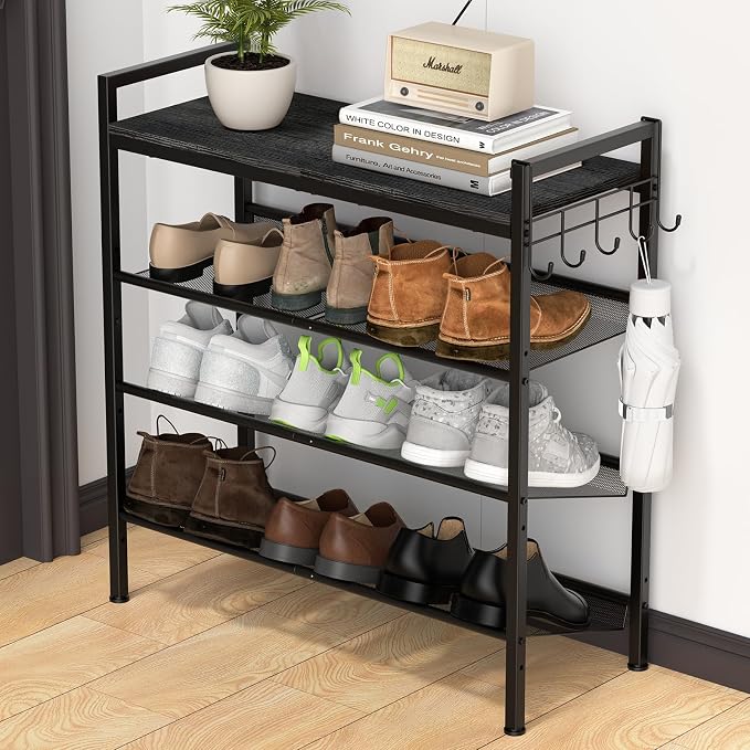 Shoe Rack for Front Door Entrance, 4 Tier Height-Adjustable Metal Shoe Rack, Sturdy Wooden Top and Tiltable Steel Frame Heavy Duty Shoe Organizer for Bathroom,Bedroom,Kitchen, Include Hook, Black