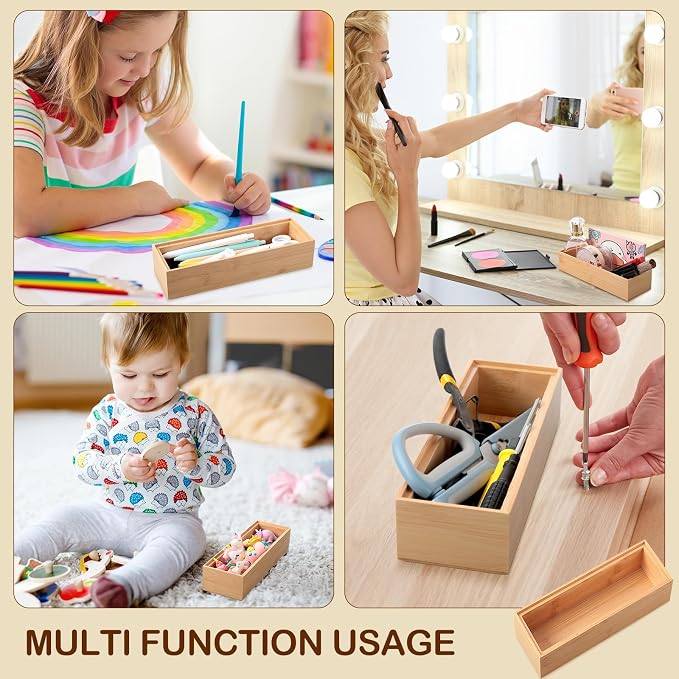 Kigley 8 Pcs Kitchen Bamboo Drawer Organizer Utensil Wooden Silverware Drawer Organizer Utensil Bamboo Storage Box Cutlery Holder Flatware Containers for Kitchen, Bathroom(9 x 3 x 2 Inch,Wood)