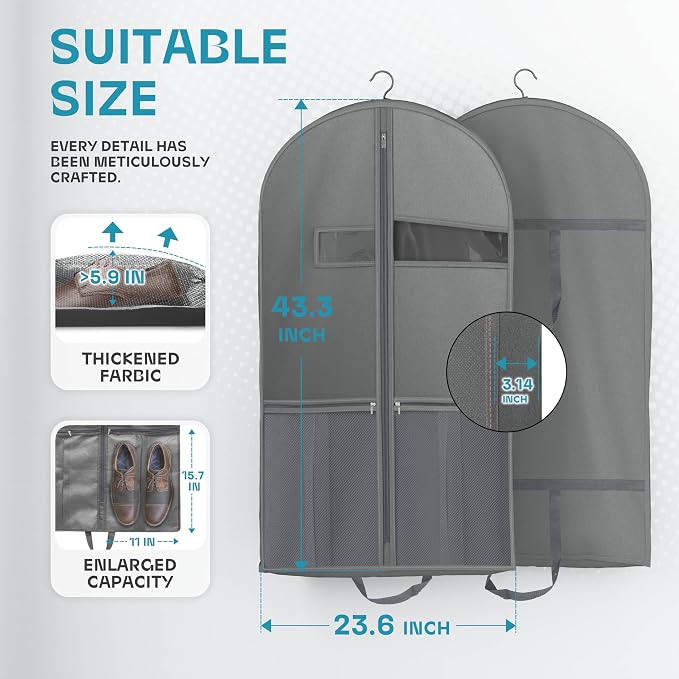 Lazebox 43" Travel Garment Bag with Accessories Zipper Pocket, Heavy Duty Suit Bag for Suits, Tuxedos, Dresses, Coats, Grey, 1 pack