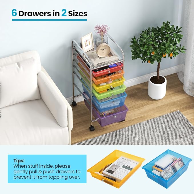 DREAMADE Rolling Cart with Storage Drawers, Utility Cart with Removable Plastic Drawers, Lockable Wheels, Art Cart for Classroom Organization Art Supplies Office Scrapbook (6 Drawers, Rainbow)