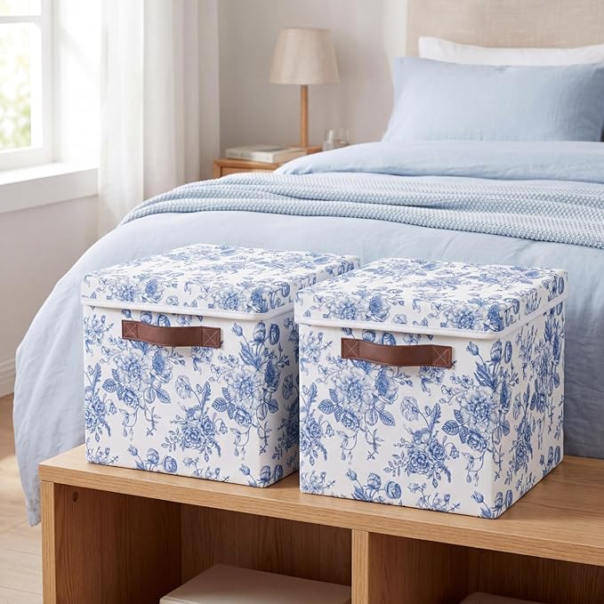 Domensi 2 Pack Large Fabric Storage Bins with Lids, 14x10x9.5 Inch Blue Floral Decorative Closet Organizer with Leather Handle Stackable Folding Clothing Storage Boxes for Bedroom Shelves(Lidded)