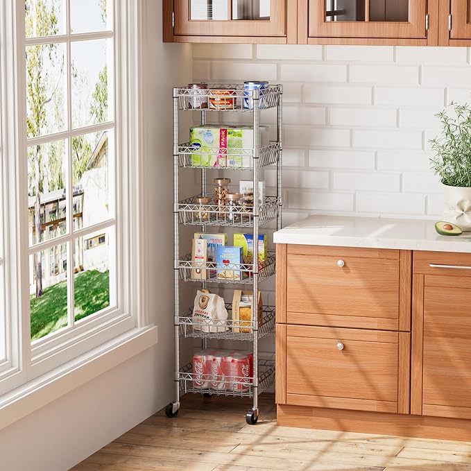 Golpart Basket Shelves Closet Rack with Wheels Metal Pantry Wire Shelf Unit | 6 tier Storage Rolling Shelving Bathroom Organizers Kitchen Garage Laundry Room Organization Home 13.6"Dx13.6"Wx63"H Grey