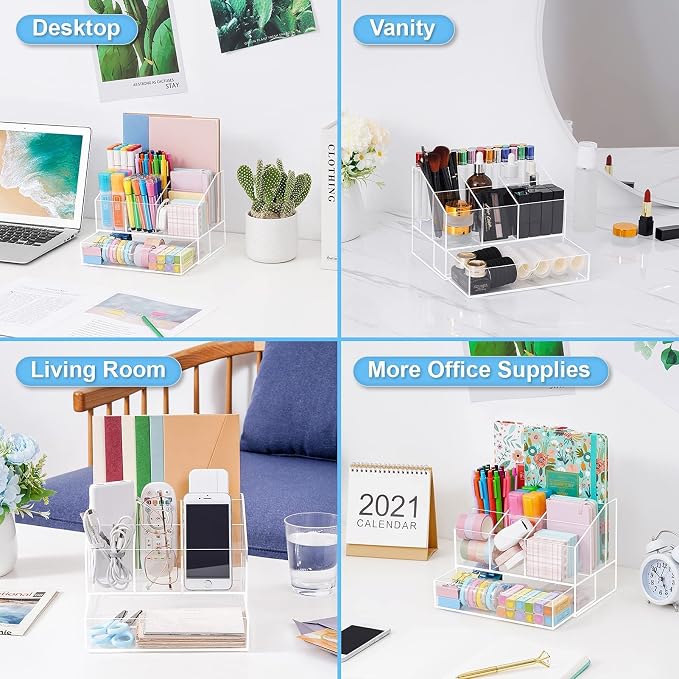 VITVITI Acrylic Desk Organizer, Upgraded Clear Pencil Organizer for Desk, 7 Compartments Stationary Pen Organizer Storage with Drawer, for Office Supply, 500+ Pencils Capacity