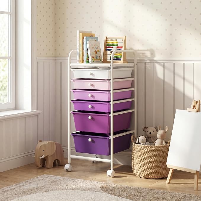 GOFLAME 6-Drawer Rolling Storage Cart, Multifunctional Art Craft Organizer Cart, Mobile Utility Storage Cart with Removable Drawers & Lockable Wheels, Craft Cart for Home Office, Purple Gradient