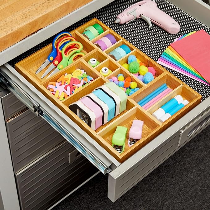 Juvale Drawer Organizer Tray - 8-Slot Drawer Divider for Utensils - Versatile Silverware Holder - Desk Tray for Office Supplies - 14 x 10 x 2 in, Brown, Bamboo