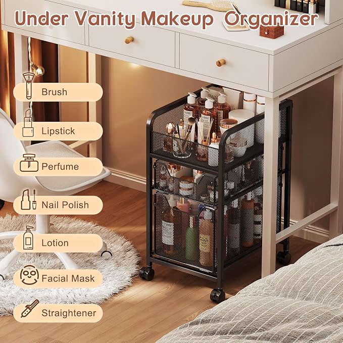 Hongtamoya Rolling Makeup Cart Organizer with 2 Drawers, Narrow Floor Skincare Organizers, Vanity Organizer Cosmetics Display Cases Holder for Skin Care Nail Polish Perfume Makeup Brush, Black