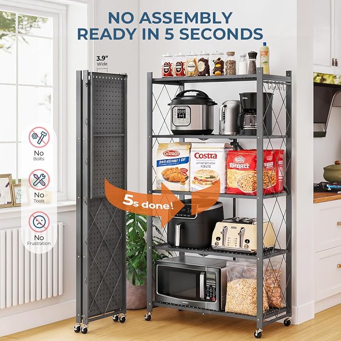 Upgraded 18% Thickened Portable 5-Tier Foldable Storage Shelves with Wheels Heavy Duty Storage Shelf Collapsible Shelves Unit Display for Garage Storage Kitchen Pantry & Closet Organizer