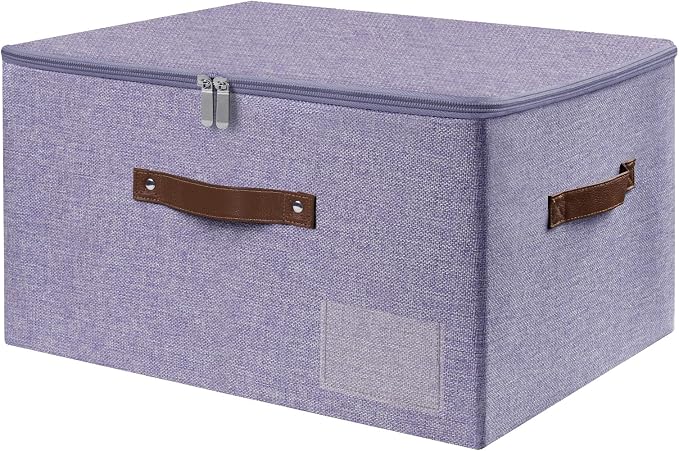 ANMINY Fabric Storage Box Bins with Zipper Lid, Washable Purple | Cotton Linen Fabric, PP Board Frame, Label Holder, Stackable & Foldable, PU Handles, Dual-Zipper 3-Side Open Lid, Large