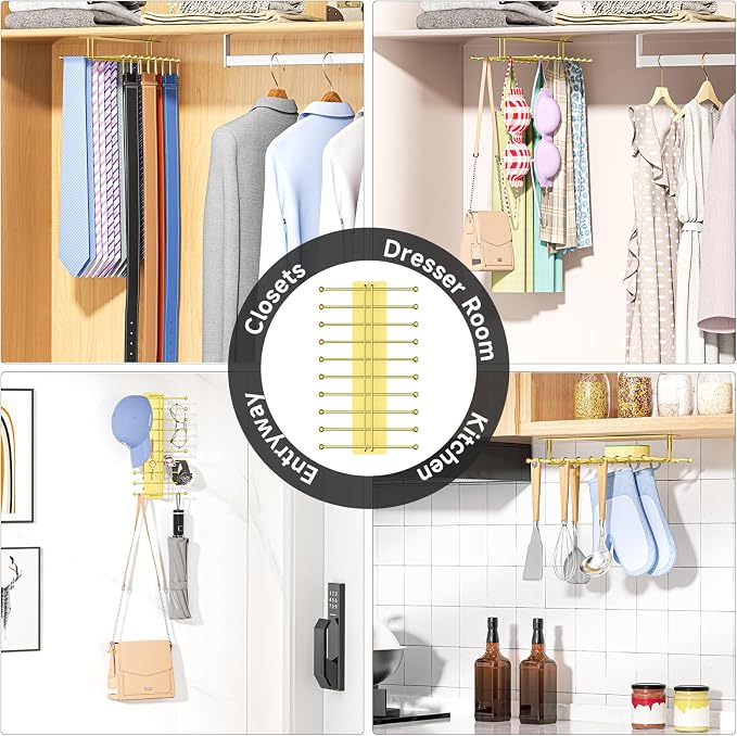 Tie Rack Wall Mounted, Tie Organizer for Men, Tie Rack Hanger for Closet Metal, Adhesive Tie Holder Organizer with 20 Hooks, Tie Storage for Wall Bedroom Living Room Dresser Room (Gold)