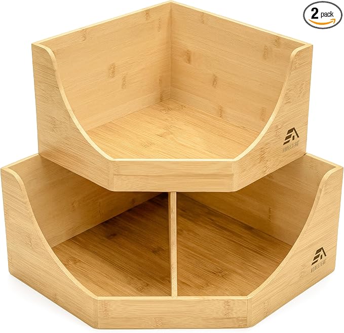 HOMESTEAD Bamboo Corner Storage Bin, 2-Tier Stackable Potato and Onion Storage Bin for Kitchen Counter Corner Shelf, Wooden Produce Storage Pantry Organizer, Fruit & Vegetable Holder, Large