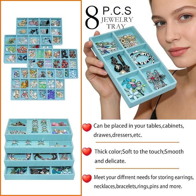 Jewelry Organizer Tray Set of 8, Stackable Velvet Jewelry Trays with Removable Dividers, Drawer Inserts Earring Organizer for Women, Jewelry Storage Display Case for Rings Necklaces Bracelets, Blue