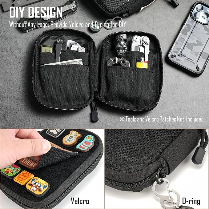 Sayram EDC Pouch Organizer Small Utility Pouch for Multitool, Nylon Tactical Gear Bag with DIY Patch Panel D-Ring, Compact Everyday Carry Pouch for Keys Flashlight Knife