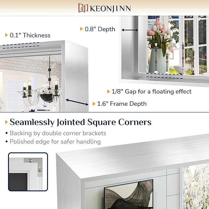 Keonjinn 16 x 24 Inch Brushed Silver Bathroom Mirror for Wall, Silver Rectangle Vanity Mirror, Modern Farmhouse Mirrors, Metal Framed Rectangular Square Corner Mirrors(Horizontal/Vertical)