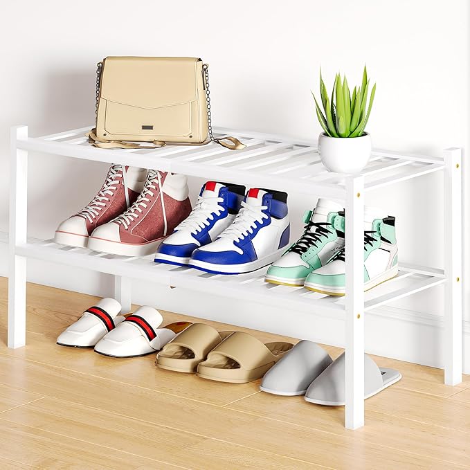 Smiry Bamboo Shoe Rack, 2 Tier Free Standing Wooden Shoe Organizer, Stackable Wood Shoe Storage Shelf for Closet, Entryway, 12 Vertical Slats, One-piece Standard Legs, 26.8"x11"x13", White