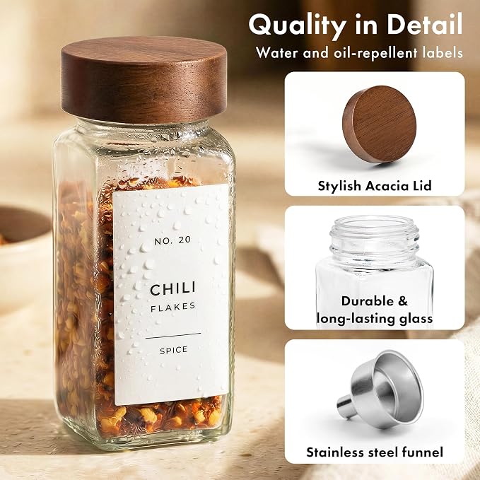 EDELHAUS Glass Spice Jars with Label, 24x Acacia Wooden Lids - White Labels | Airtight Lids keep spices fresh, Kitchen Spice Drawer Organizer, 4oz Seasoning Containers incl. Funnel, Brush & 240 Labels
