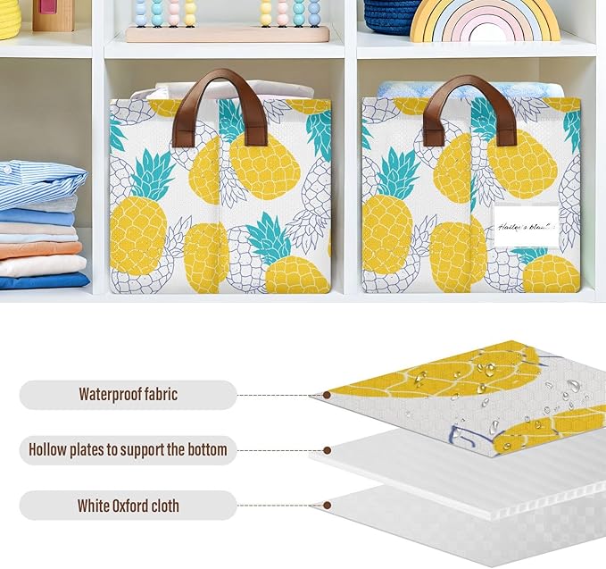 Aqua Blue and Yellow Pineapple Storage Basket Foldable Cube Storage Bins with Handles&Label Waterproof Collapsible Organizer Box Bin Large Rectangle Decorative Baskets for Shelves Home Room Laundry