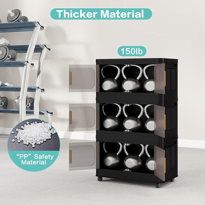 Foldable Storage Cabinet，Plastic Cabinet，Stackable Storage Bins， Open Front with Magnetic Door and Wheels (Extra Large-4Tiers)