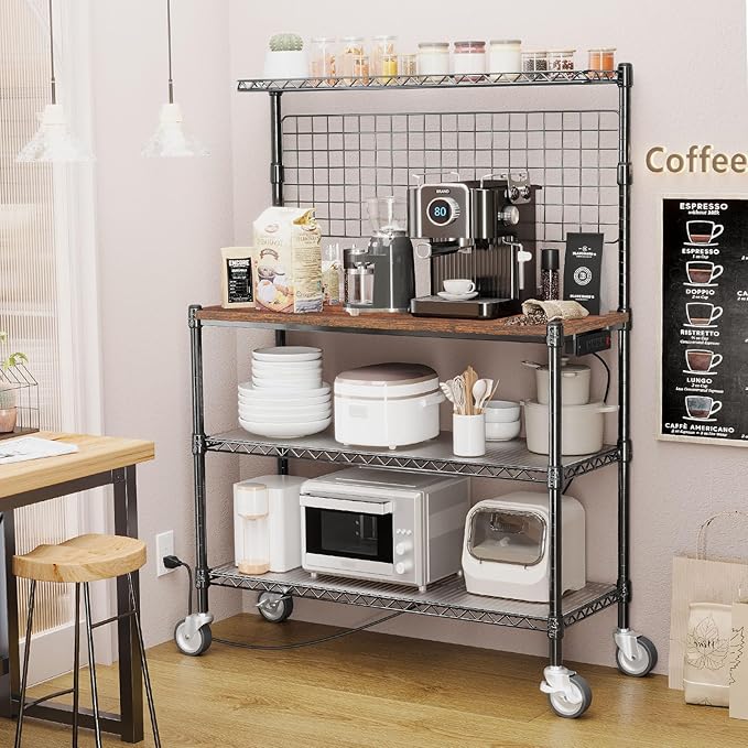 Bakers Rack with Power Outlet & Storage,36In Microwave Stand Kitchen Cart | 4-Tier Metal Kitchen Shelves Cart with Wheels & 20 S-Hooks for Kitchen, NSF Certified, 63 x 18 x 36 Inch-Black