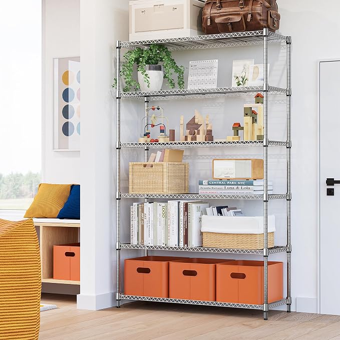 M MZG 6 Tiers Storage Shelves Load 2100LBS, Metal Shelving Wire Metal Shelving Unit Shelves for Storage Adjustable Garage Shelving for Pantry Kitchen Garage Chrome 17.7" D x 47.3" W x 82.4" H