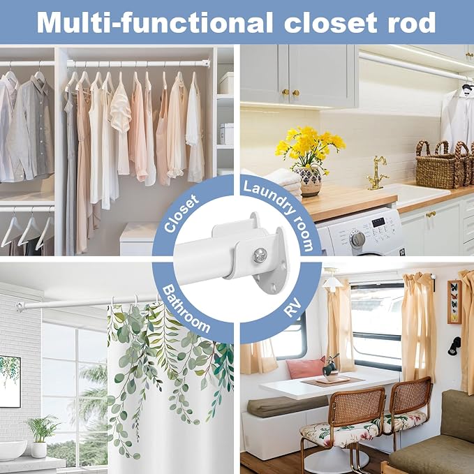 Closet Rods For Hanging Clothes,17-54 Inches Stepless Spring Adjustable Closet Rod With bracket U-shaped,1.3 Inches Heavy Duty White Closet Hanging Rod For Wardrobe,Laundry room,Bathroom And Windows