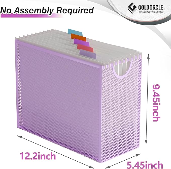Hanging File Organizer, Letter-Size File Holder Filing Box with 5 Hanging Folders, Metal Mesh Desk File Folder Storage(No Assembly Required) (Purple, with 5 Grey Folders)