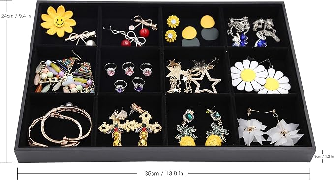 Stratalife 12 Grid Jewelry Organizer Tray, Stackable Drawer Earring Organizer with Adjustable Dividers, Jewelry Display Tray for Necklace Earring Ring Bracelet, 13.8" x 9.4" x 1.2", Black