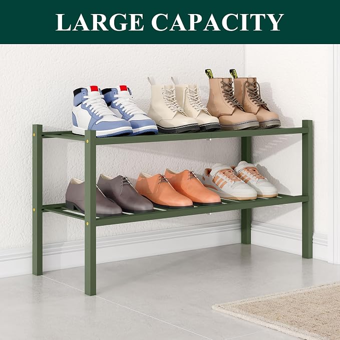 Smiry Bamboo Shoe Rack for Closet, 2 Tier Wooden Shoe Organizer, Stackable Wood Shoe Storage Shelf for Entryway, 14 Vertical Slats, One-piece Heavy-Duty Legs, 26.77"x11.02"x12.99", Green