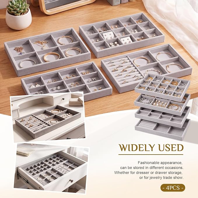 Unittype Set of 4 Stackable Jewelry Organizer Tray for Drawer Inserts Velvet Necklace Earring Bracelet Ring Holder Jewelry Display Storage Box for Bangle Stud Necklace Ring(Mixed Styles,Gray)