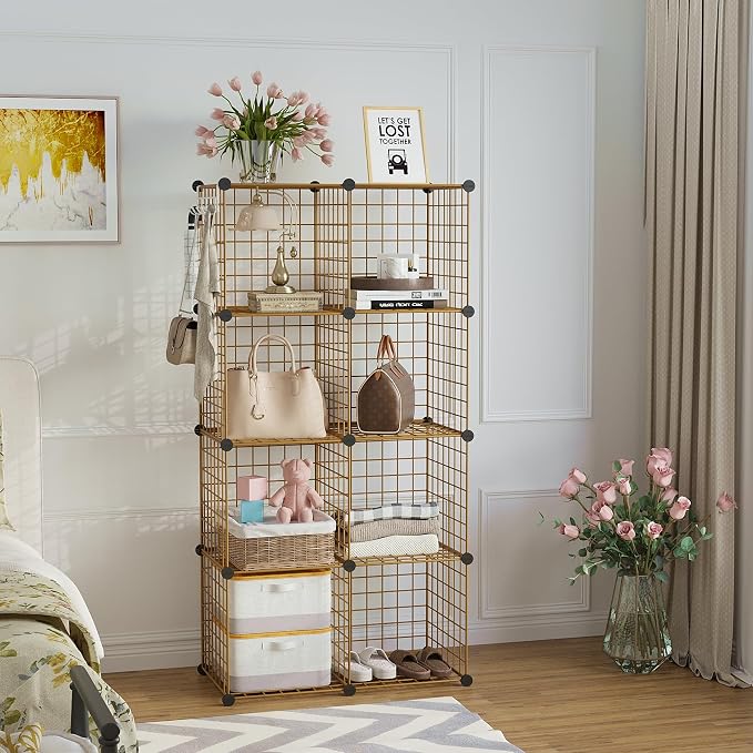 C&AHOME Wire Cube Storage, 8 - Cube Organizer Metal C Grids, Modular Shelves Units, Closet Organizer, Ideal for Home, Office, Living Room, 24.8" L x 12.4" W x 48.4" H, Brown UWCS3008R