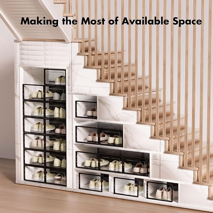 Foluck 15 Pack Shoe Storage Organizer Box Container Clear Plastic Stackable | Interlocking Design, Sturdy Dustproof Breathable, Fits Men's Size 9 Women's Size 10, for Closet Entryway Under Bed