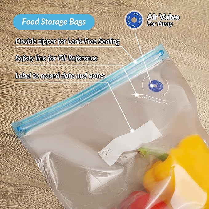 Sous Vide Bags 27Pcs, BPA Free Reusable, Double-Layered Food Storage (8.5 x 8.5 in) for Cooking, Food Storage, and Microwave Heating. Includes 20 Vacuum Zipper Bags, 2 Seal Clips, and 5 Air Valves.