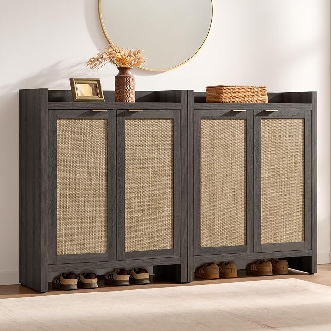 SICOTAS Shoe Cabinet Set of 2, Large Capacity Shoe Storage Organizer Cabinet, Tall Rattan Shoe Cabinet with Doors and Shelves, 6-Tier Farmhouse Boho Wooden Storage Cabinet for Entryway, Black Oak