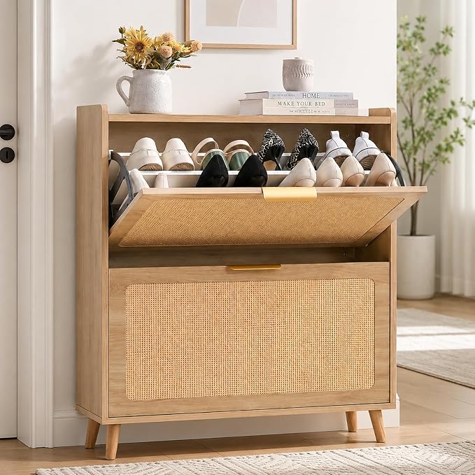 Shoe Storage Cabinet for Entryway, Slim Freestanding Rattan Shoe Cabinet with 3 Flip Drawers, Hidden Shoe Organizer Cabinet, Narrow Shoe Rack , Farmhouse Design (2 Flip Drawer - Breathe Rattan)
