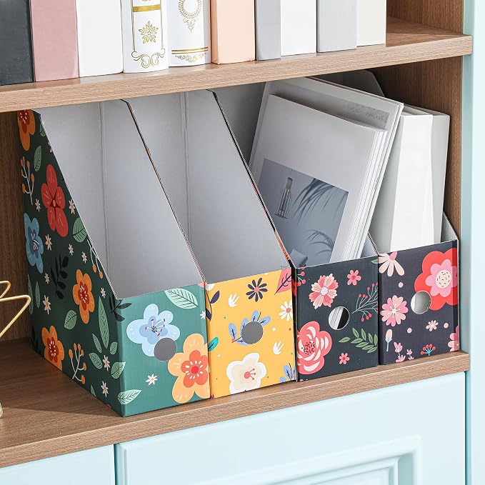 PerKoop 12 Pcs Decorative Magazine File Holders Floral Foldable File Folders Magazine Storage Boxes Rack Desk Organizer Documents with Printable Labels for School Office Home (Flower Design)